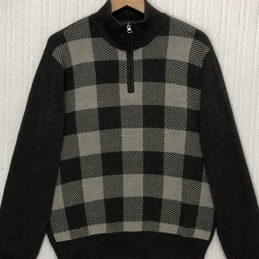 Dockers Mens Quarter Zip Sweater Gray Plaid Check Mock Neck Pullover Medium